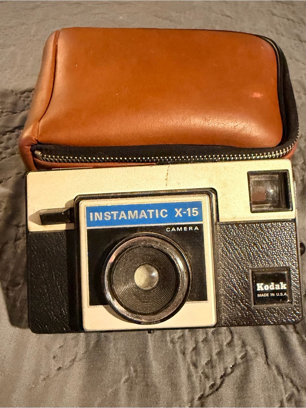 Kodak Instamatic X-15 Camera in Black, Cream and Blue with Brown Case